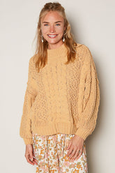 POL Mock Neck Cable Knit Sweater Honey Gold OutfitFlow